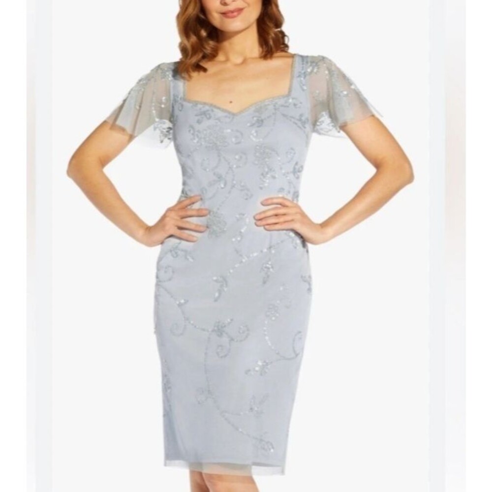 NWT Adrianna Papell Studio Blue Bead Sheath Cocktail Midi Dress Fairy Whimsy 10